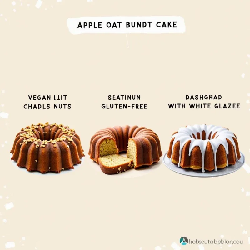 Three variations of vegan apple oat bundt cake: one with nuts, one gluten-free, and one with glaze