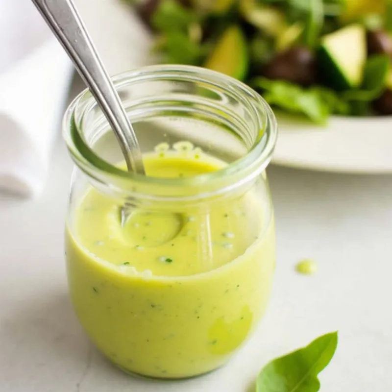  A glass jar of creamy avocado lime dressing.