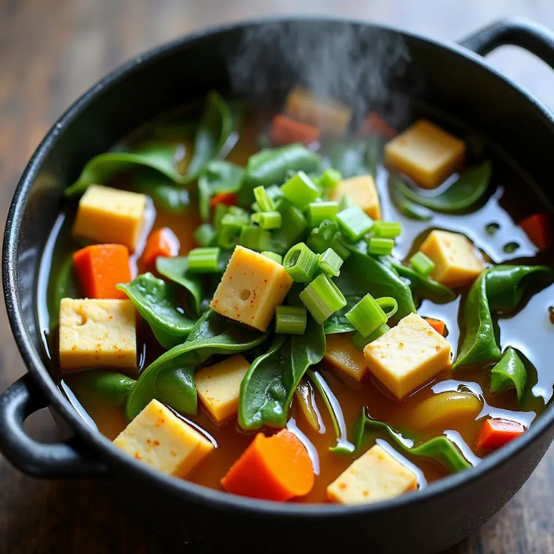 Vegan baby bok choy soup in a pot