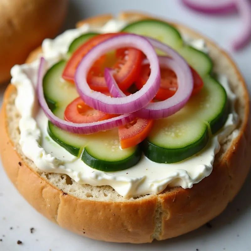 Vegan bagel with vegan cream cheese and vegetables