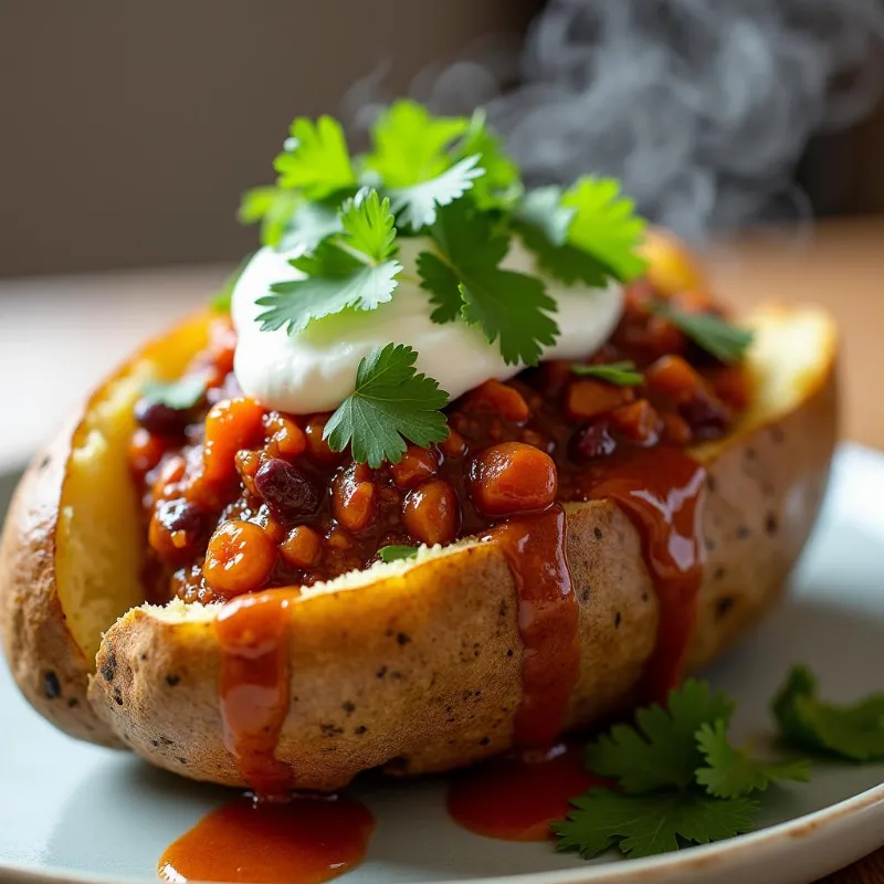 Close-up of Baked Potato with Savory Vegan Chili