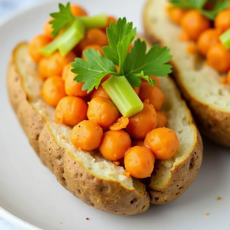 Close-Up: Baked Potato Topped with Spicy Chickpea Salad