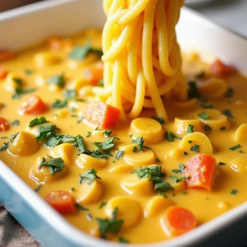 Pouring vegan squash pasta into baking dish