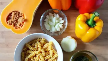 Ingredients for vegan baked squash pasta