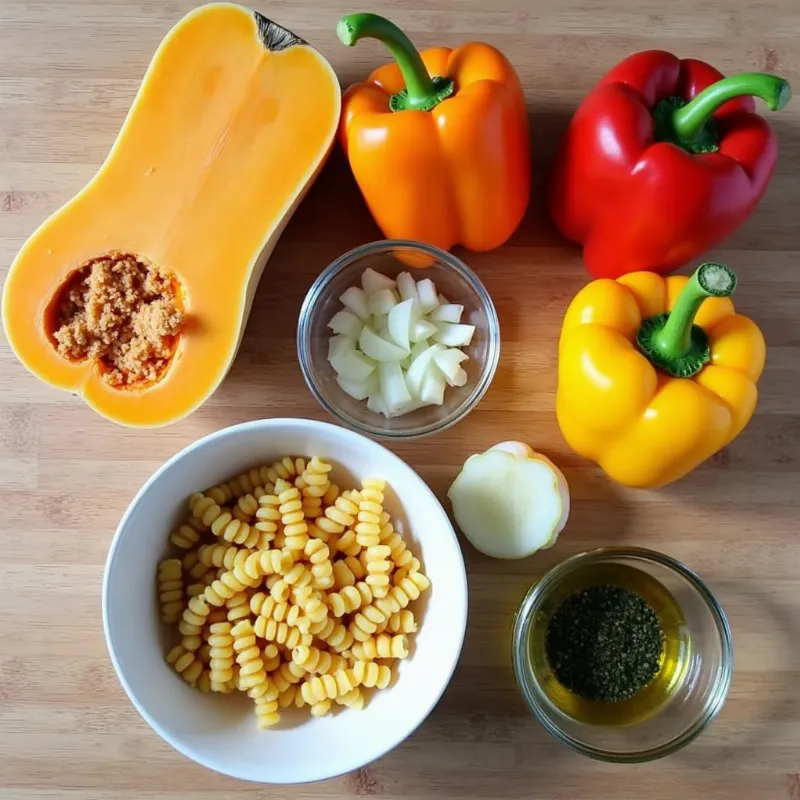 Ingredients for vegan baked squash pasta