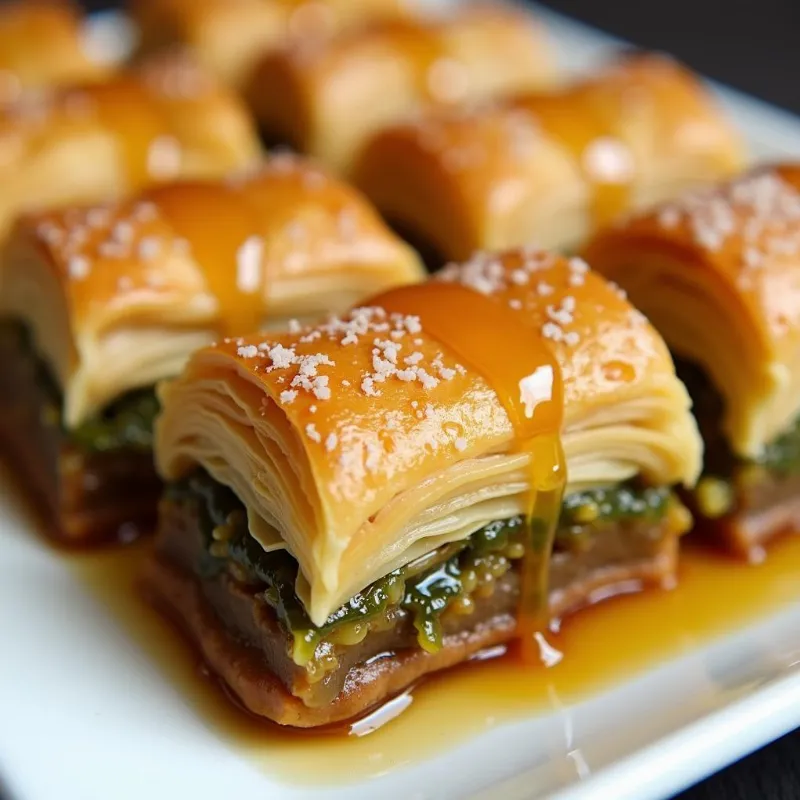 Vegan baklava rolls drizzled with syrup on a plate