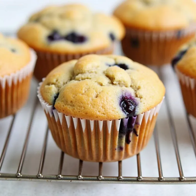 Freshly baked vegan banana blueberry muffins cooling on a wire rack, showcasing their golden-brown color and fluffy texture