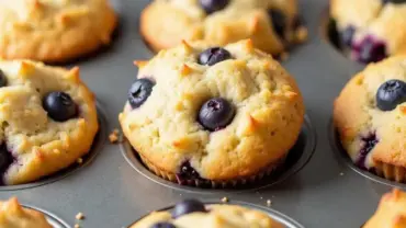 Close-up of vegan banana blueberry muffins in a muffin tin, fresh out of the oven