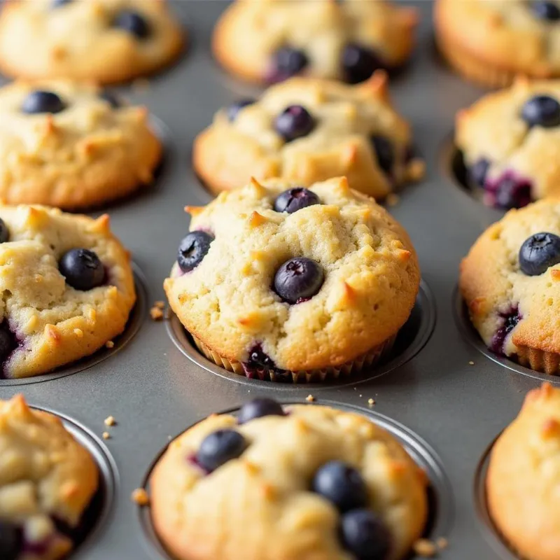 Close-up of vegan banana blueberry muffins in a muffin tin, fresh out of the oven