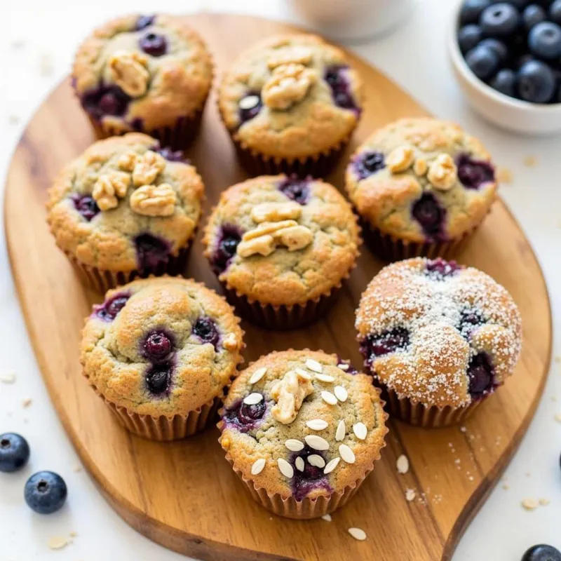 Vegan banana blueberry muffins with various toppings on a wooden board