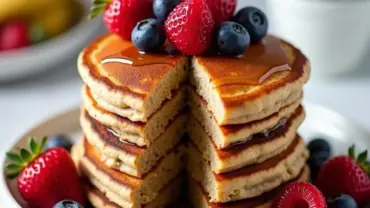 Stack of Vegan Banana Oat Pancakes with Fresh Berries and Syrup