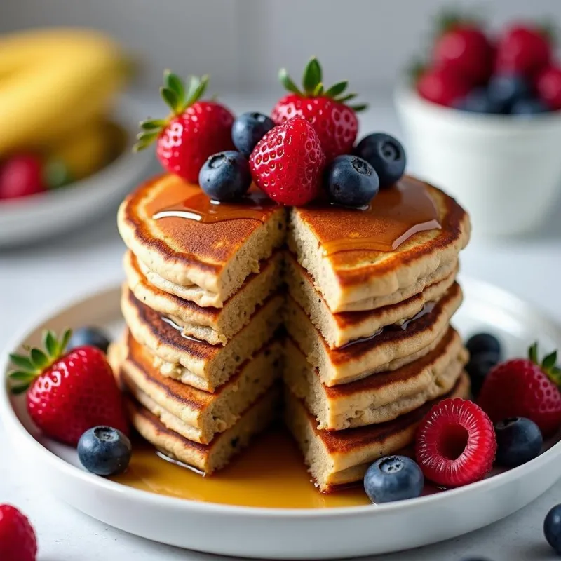 Stack of Vegan Banana Oat Pancakes with Fresh Berries and Syrup