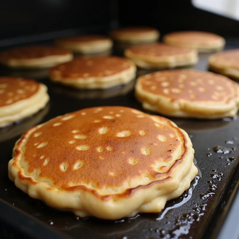 Vegan Banana Oat Pancakes Cooking on a Griddle