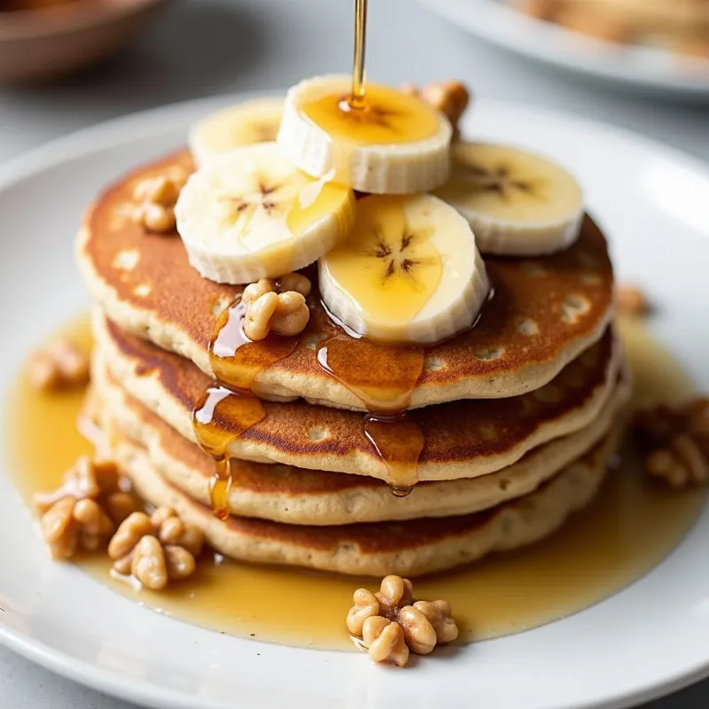 Stack of vegan banana oat pancakes on a plate with syrup and bananas.