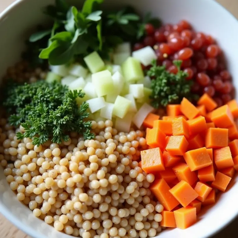 Bowl of barley and vegetables