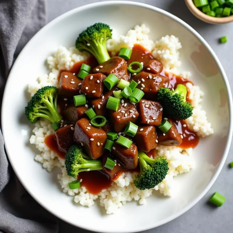 A delicious plate of vegan beef and broccoli served with rice.