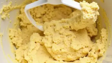 Vegan biscuit dough with plant-based butter mixed in a bowl