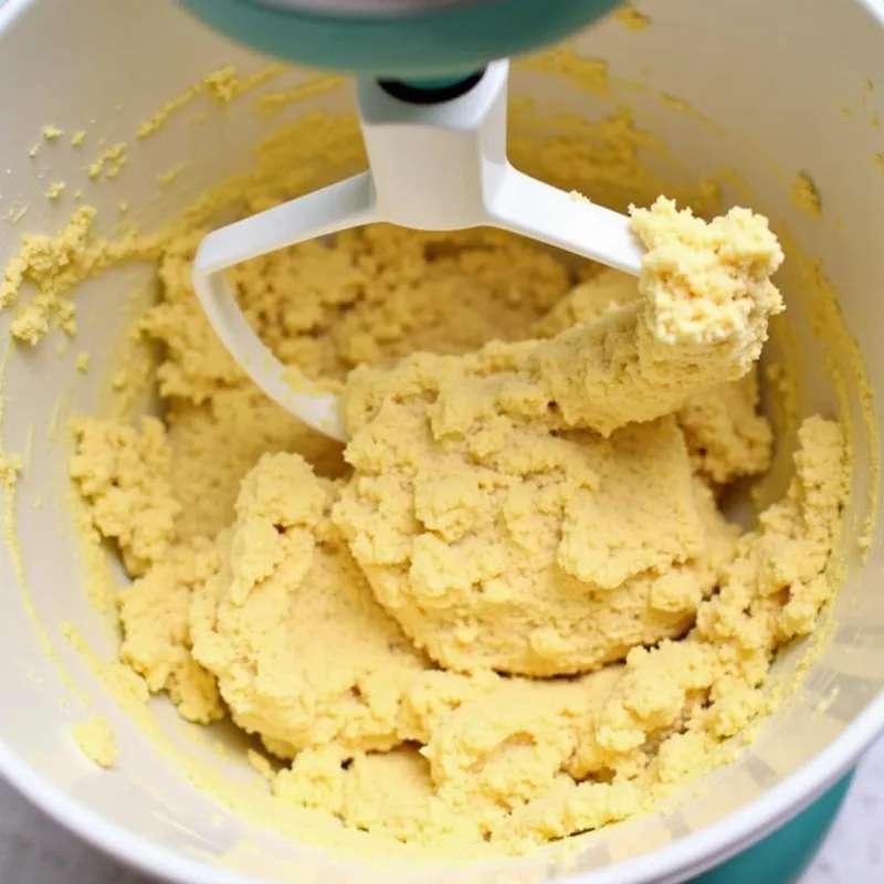 Vegan biscuit dough with plant-based butter mixed in a bowl