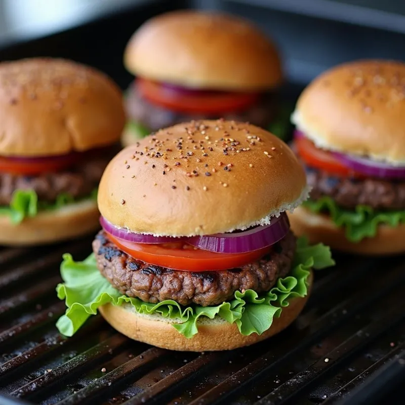 Grilled vegan black bean burgers with lettuce and tomato on whole wheat buns.