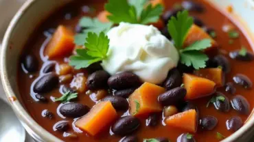 Vegan black bean soup in a bowl