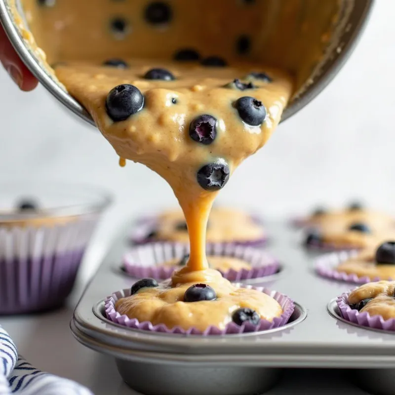 Vegan Blueberry Muffin Batter Being Poured into Muffin Cups