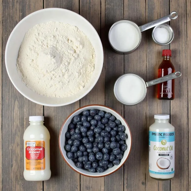 Vegan blueberry muffin ingredients laid out on a table