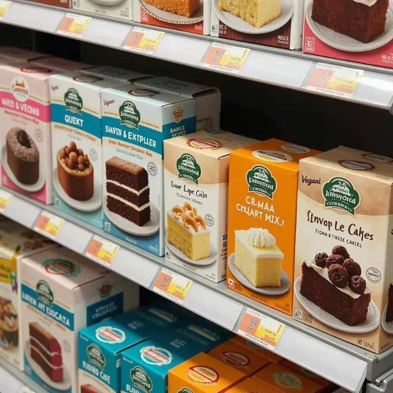 Assortment of Vegan Box Cake Mixes on a Shelf