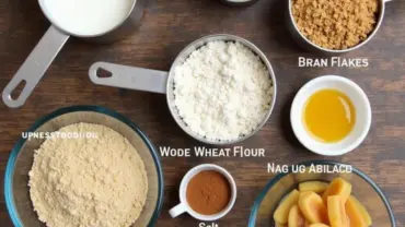 Ingredients for vegan bran muffins arranged on a table