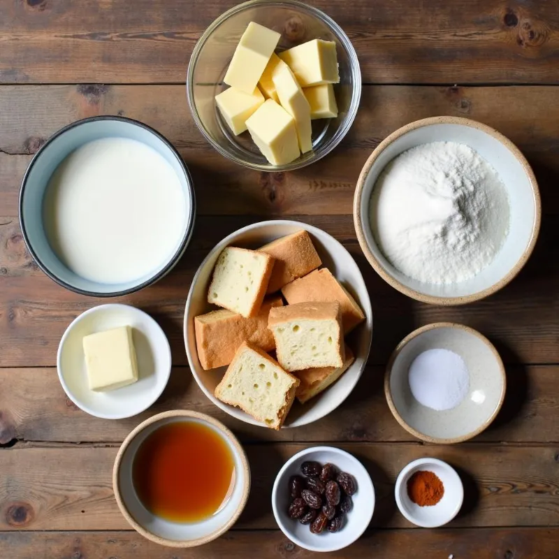 Vegan bread pudding ingredients laid out on a wooden table