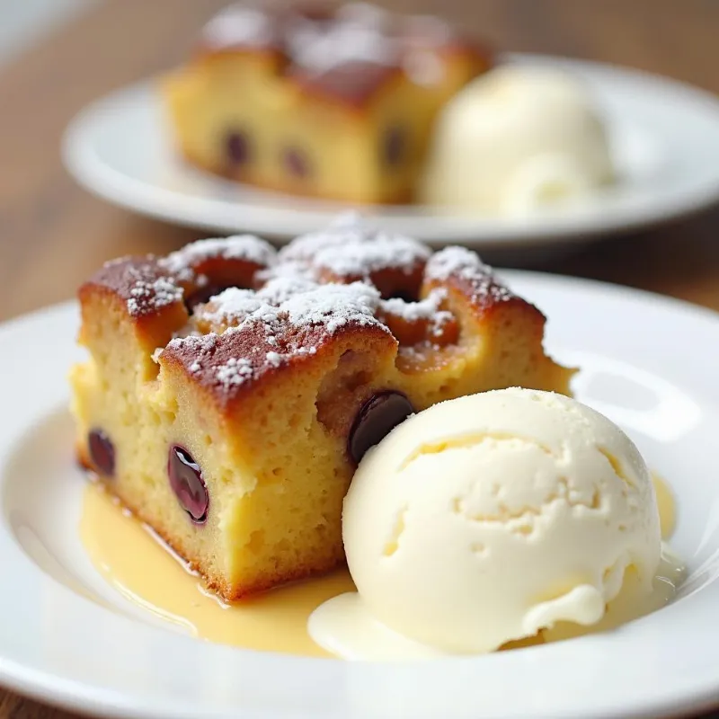 A slice of vegan bread pudding served on a plate with vegan vanilla ice cream