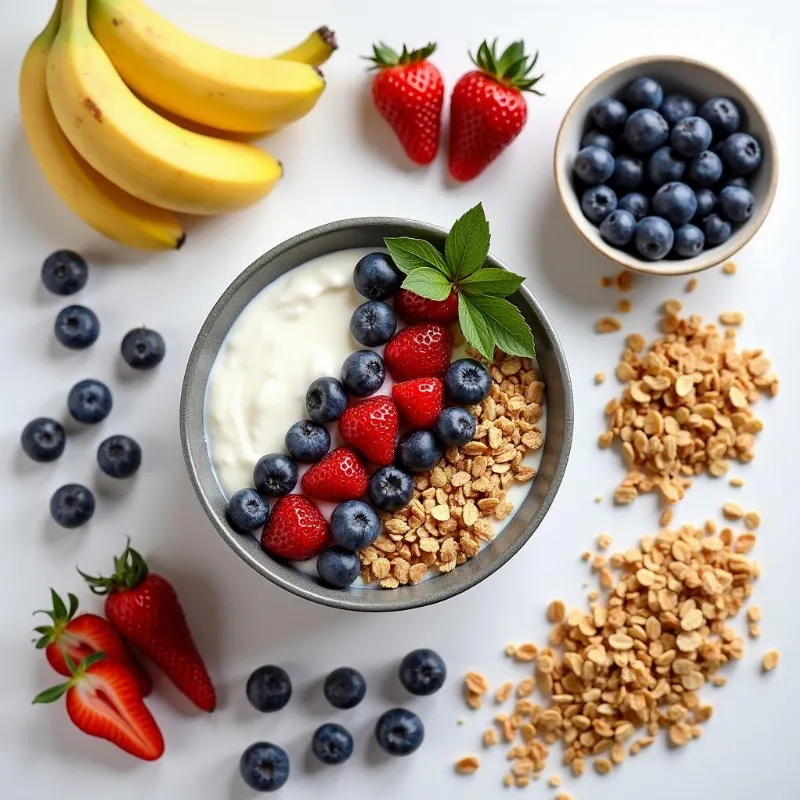 Colorful vegan breakfast bowl ingredients arranged on a table