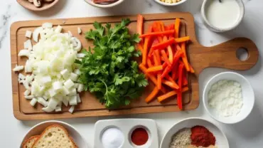 Vegan breakfast casserole ingredients neatly arranged on a table