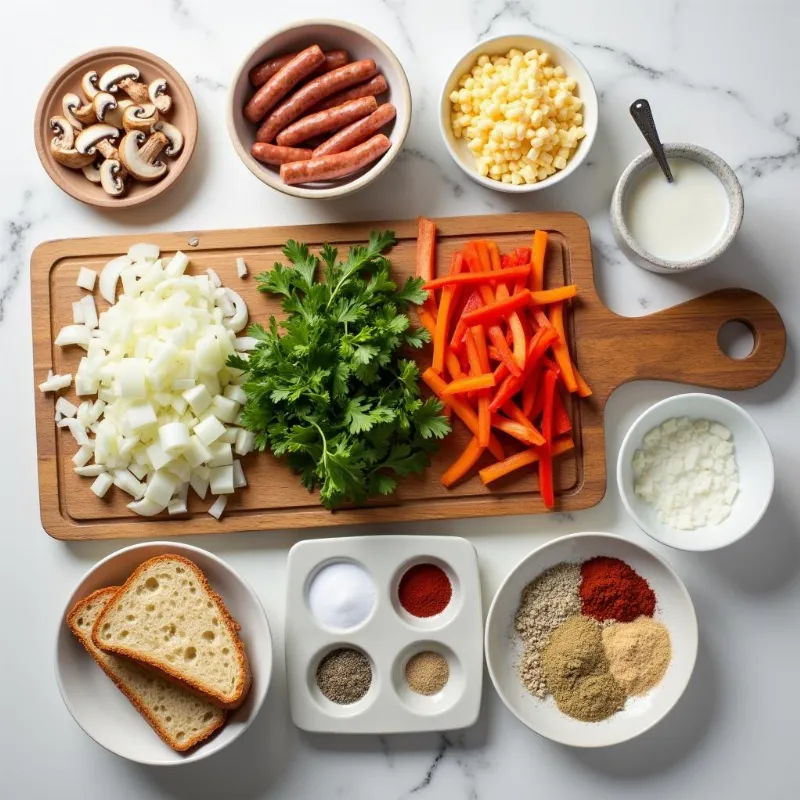 Vegan breakfast casserole ingredients neatly arranged on a table