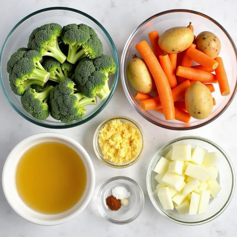 Ingredients for vegan broccoli cheddar soup