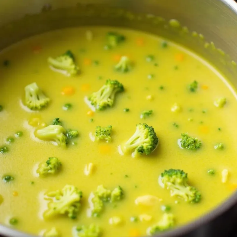 Vegan broccoli cheddar soup simmering in a pot