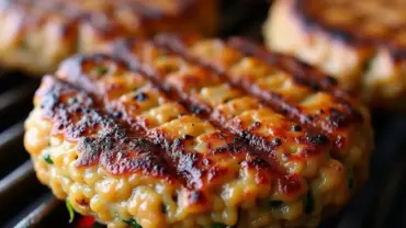 Vegan burger sizzling on a grilling pan