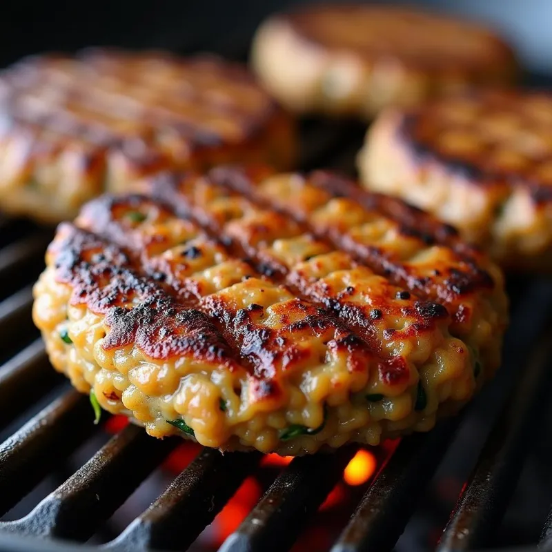 Vegan burger sizzling on a grilling pan