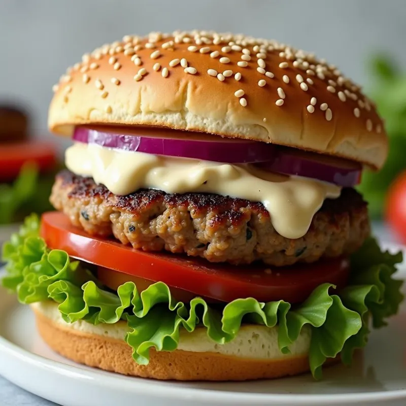 A vegan burger with a generous spread of vegan mayo