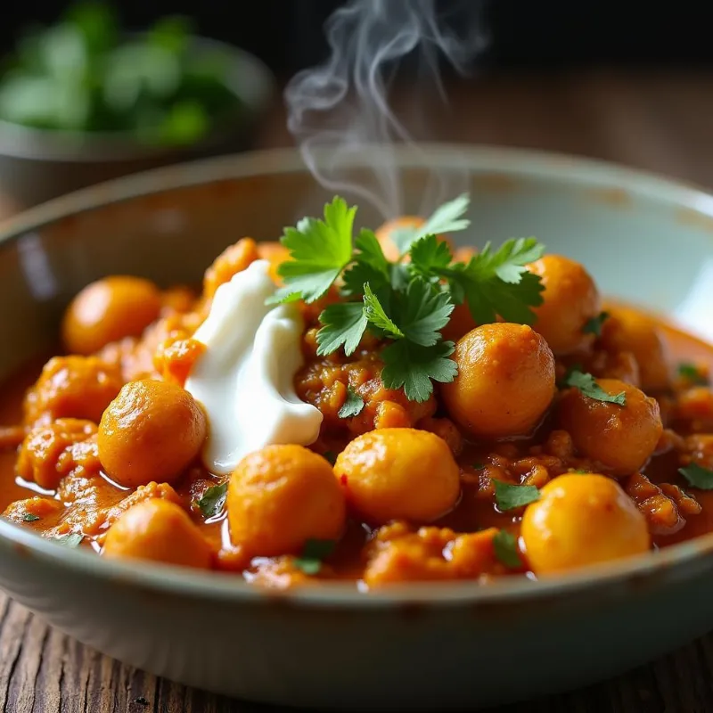 Steaming bowl of vegan chana masala garnished with cilantro