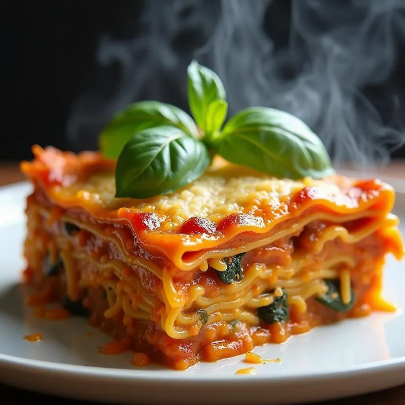 Sliced vegan butternut squash lasagna on a plate with fresh basil garnish.