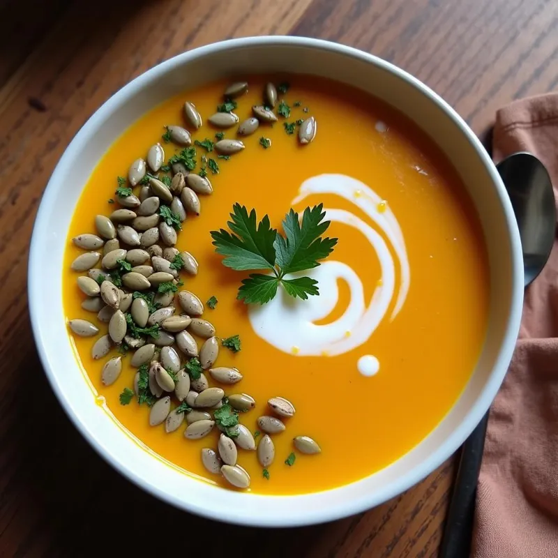 Vegan butternut squash soup served in a bowl with toppings.