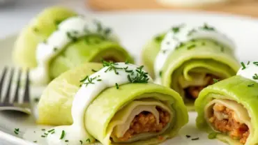 Vegan cabbage rolls drizzled with a creamy lemony dill sauce