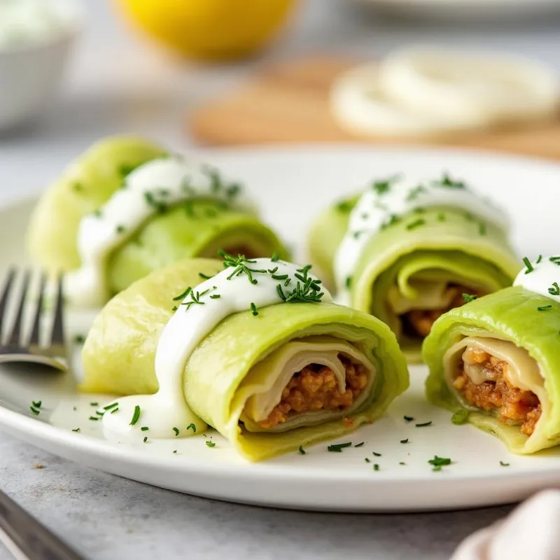 Vegan cabbage rolls drizzled with a creamy lemony dill sauce