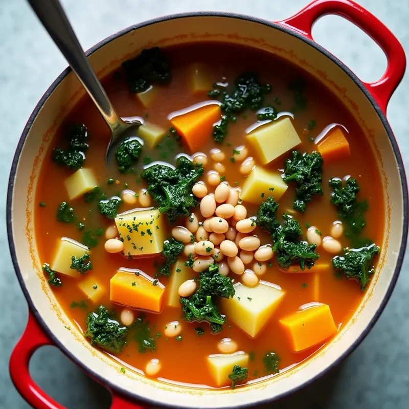 A hearty vegan cabbage soup with white beans and kale in a pot.