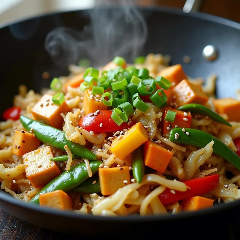 A colorful vegan cabbage stir-fry in a wok.