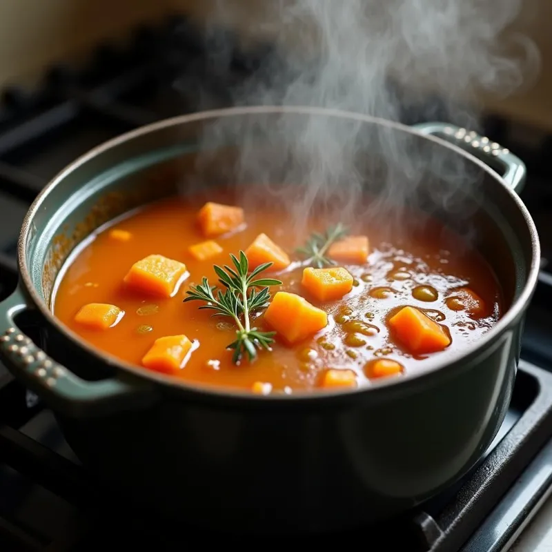 Vegan cannellini bean soup simmering on the stove