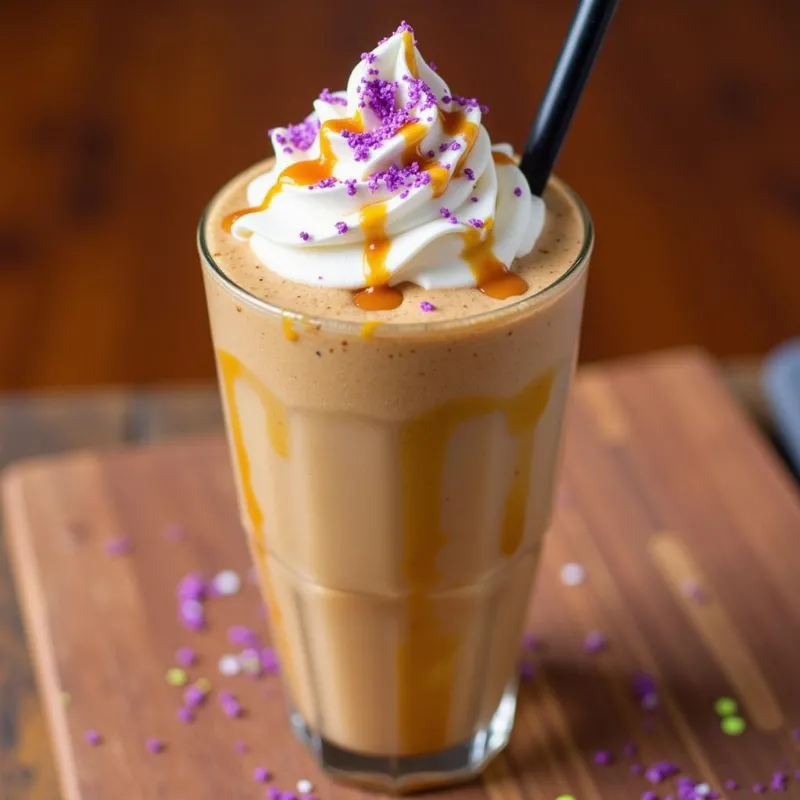 Whimsical Vegan Caramel Apple Hocus Pocus Frappuccino in a glass.