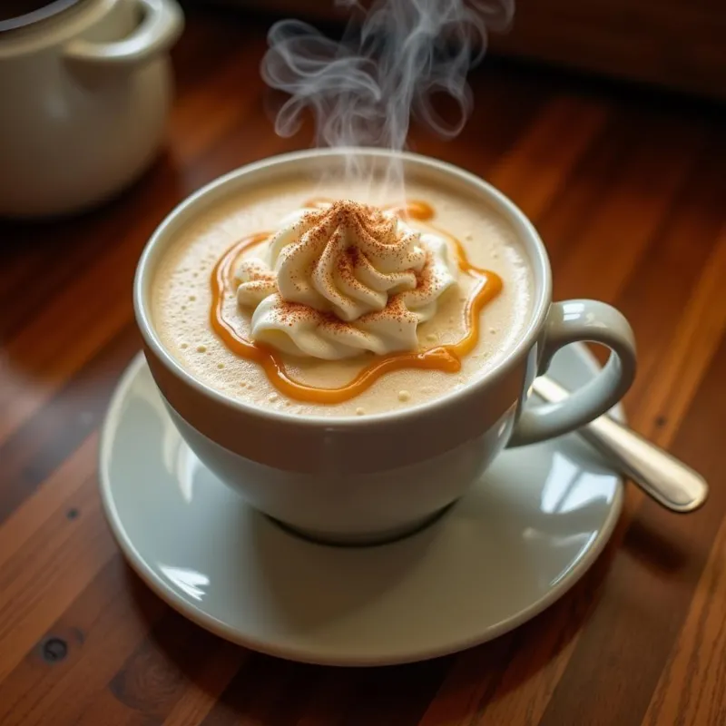 Close-Up of Vegan Caramel Brulee Latte in a Mug