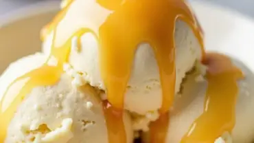 Vegan Caramel Sauce Drizzled Over Vegan Ice Cream