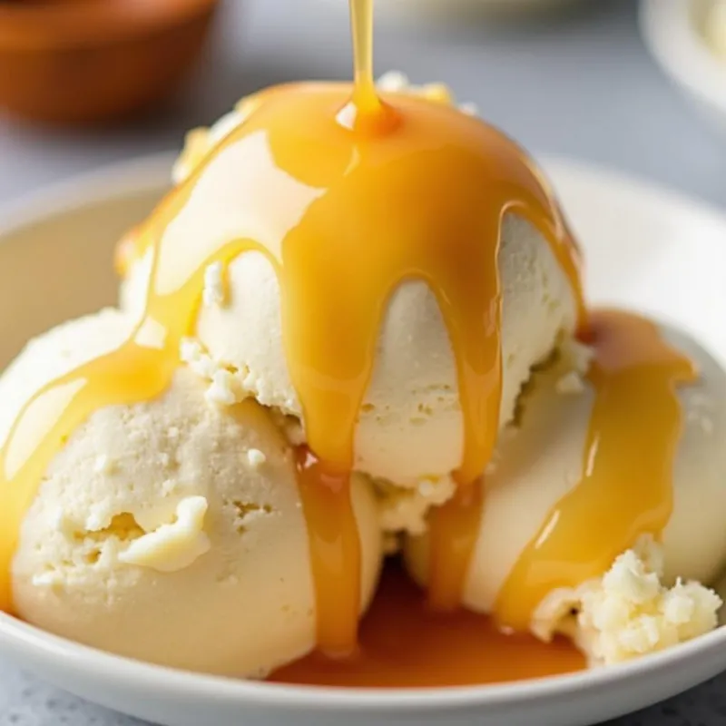 Vegan Caramel Sauce Drizzled Over Vegan Ice Cream